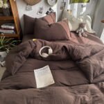 Simple Plaid Washed Cotton Cream Color Mixed Bed Sheet Fitted Sheet Quilt Cover - Image 3